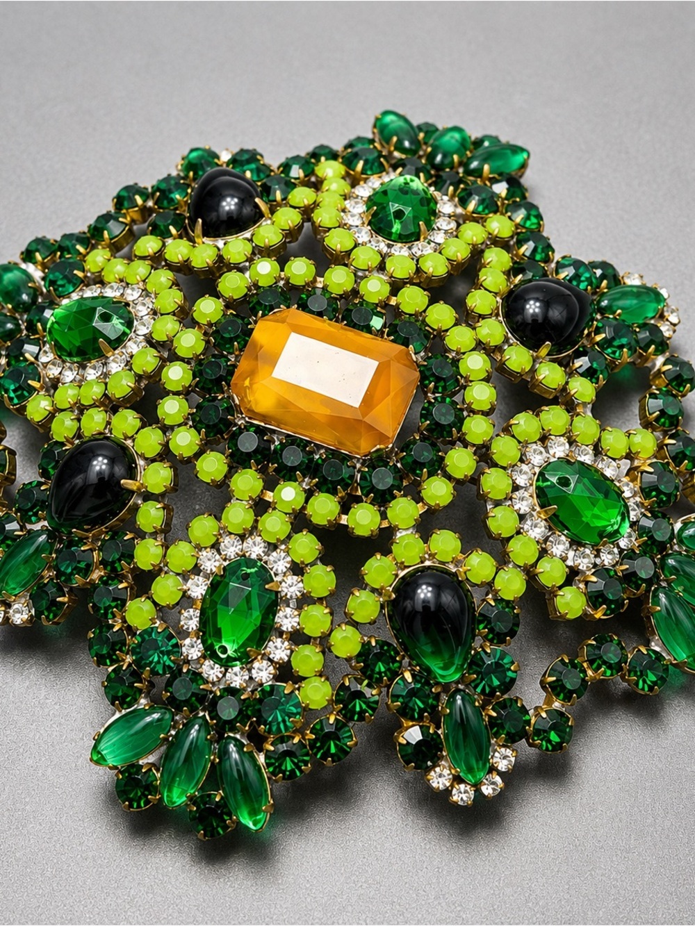 Vintage Bijoux MG Green and Amber Statement Brooch It Glows
